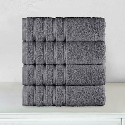 Image of Elegant Comfort 100% Turkish Cotton 4 Lines Viscose Stripe Luxury 4 Pack Hand Towel Set - Ultra Absorbent and Soft 16 x 28 Inch Premium Hotel Spa Quality Towels for Everyday Bath Use, Gray