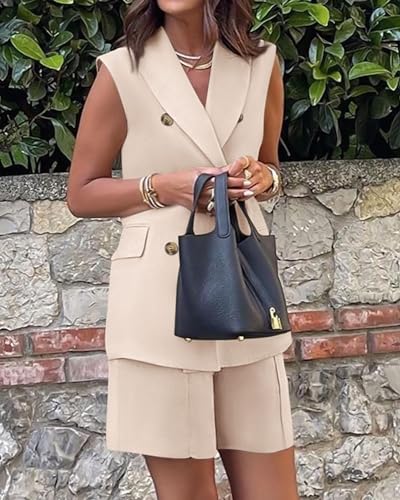 Women's Sleeveless Suit Jacket Vest Shorts Suit Lapel V-Neck Button Office 2 Piece Sets Business Casual Outfits Suits4