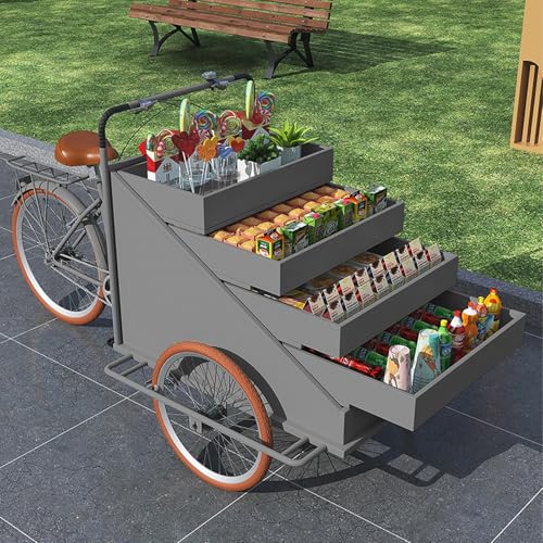 Triciclo móvil de gran capacidad con sombrilla, utilizado para vender alimentos, aperitivos, bebidas o flores en puestos