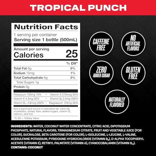 Image of Prime Hydrating Sports Drink Tropical Punch Flavour 500ml - Electrolytes, Zero Sugar, Low Calorie, Coconut Water, BCAAs, Vitamins, Antioxidants, Caffeine-Free
