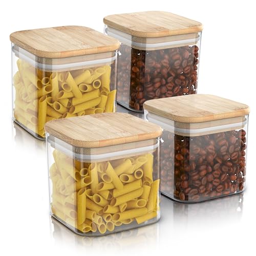 Arendo - Vorratsgläser mit Deckel - 4er Set - Behälter aus Glas – hitzebeständig – Vorratsdosen mit Bambusdeckel - luftdicht - für Müsli Zucker Mehl Kaffee Reis