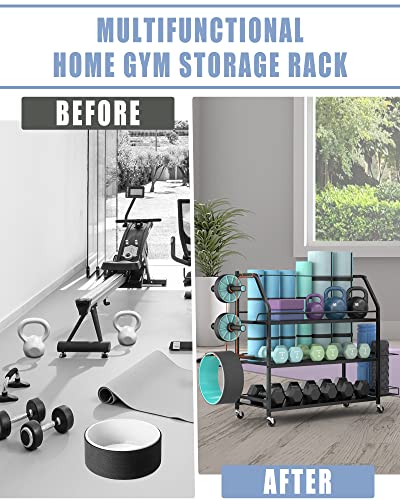 Staransun Home Gym Storage Rack - Weight Rack For Dumbbells - Yoga Mat Storage Rack With Two Extra Side Storage Space - Garage Storage With Caster Wheels - Workout Equipment Organizer - Easy To Assemble #TOP3