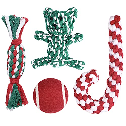 Unomor Dogs Toys Set, Christmas Party Favor Holiday Pet Stocking Teeth Cleaning Creative Interactive Xmas Presents Rope Gifts Set Pet Play Training for Christmas Festival Holiday 4PCS
