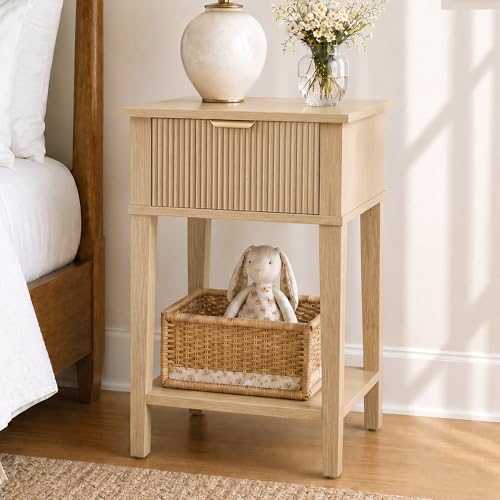 RIHHA Natural Oak 15 Wide Small Nightstand with Drawer Open Shelf Fluted