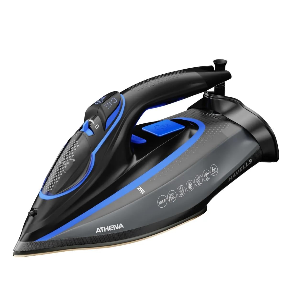 Havells Athena 3000 W Steam Iron with Smart i Sense Technology(No Fabric Burn), 2X Auto Shut Off, Vertical, Horizontal Ironing, Anti Drip, Self-Cleaning&Anti Scale Technology. (Black Blue), 3000 Watts
