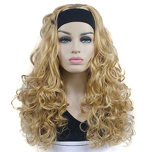 Wjnvfioo Long Brown Highlights Curly Band Wig 24B Golden Blonde
