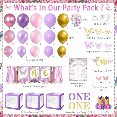 Image of Butterfly First Birthday Decorations for Girl Pink Purple Butterfly 1st Birthday Party Decoration Supplies Include Balloon Arch Balloon Boxes Backdrop Tablecloth Birthday Hat