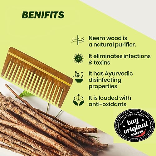 Image of Neem Wood Wide Tooth Comb for Hair - Natural Wooden Anti-Static Detangling Comb for Men & Women | Helps Reduce Breakage & Frizz | Scalp Massage | Eco-Friendly Hair Care Tool (Pack of 1) (Neem Wood - Combo)