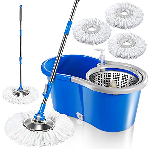 Deluxe 360 Spin Mop Upgraded Stainless Steel Bucket 9.8"x18"x7.9" with 3 Pcs Microfiber
