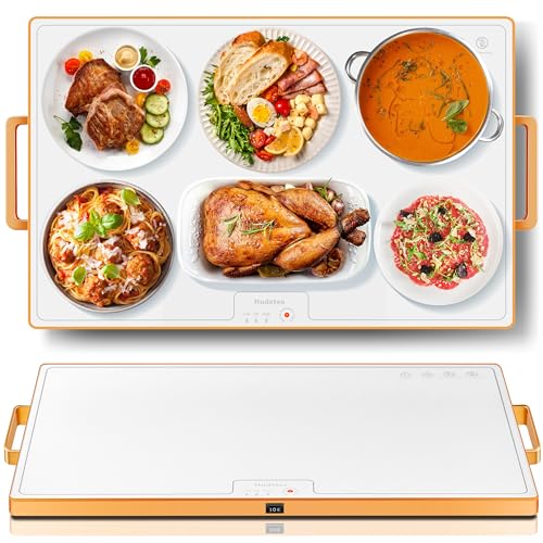 Image of Food Warming Mat (XL 24 inchx16 inch), Food Warmers for Parties Buffet and Daily Use, Full Surface Warm Evenly Electric Warming Tray with Button Temperature Control, Gold Handles Warming Mat for Food, White