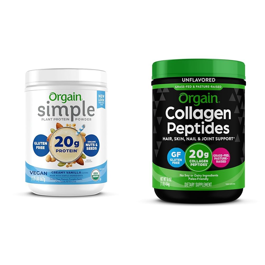 Orgain Organic Simple Vegan Protein Powder, Vanilla with Collagen Peptides Powder - Plant Based Protein, Hair Skin Nail Joint Support - 1.25lb 1lb