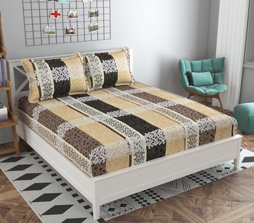 Image of Prime Collection - Double Bed Glace Cotton Bedsheet Set (180 TC, 90x90 Inches) with 2 Pillow Covers - Ultra-Soft & Skin-Friendly (Cream Black)