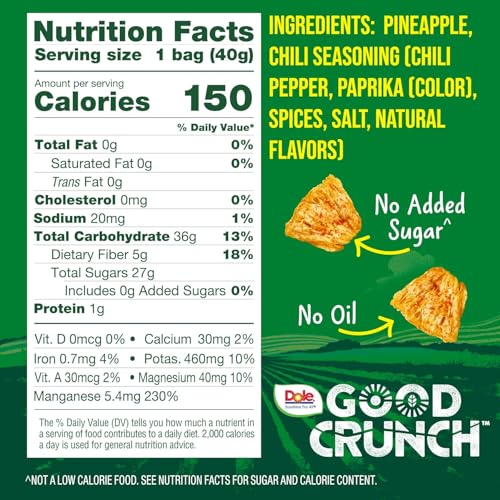 Dole Good Crunch Pineapple with Chili Dried Fruit Bites, Gluten Free & Vegan Snack, 1.4oz Bag