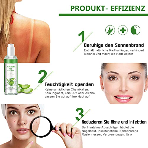 Aloe Vera Gel 100% Pur - für Gesicht Haare Körper - Natürliche, Beruhigende und Pflegende Feuchtigkeitscreme After Sun - Ideal Naturkosmetik für Trockene, Strapazierte Haut & Sonnenbrand - 250ml