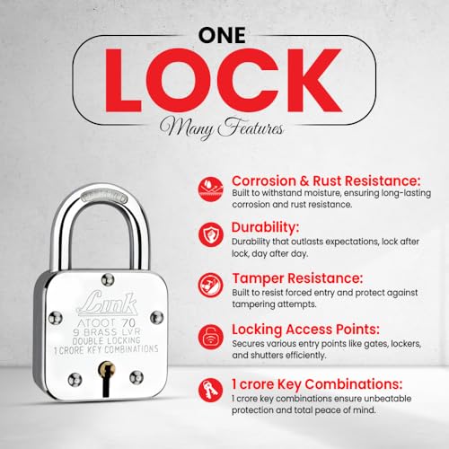 Image of Link Atoot 70mm Padlocks 5Pcs Set | 1 Crore Key Combinations | Stainless Steel Body | Hardened Shackle | 9 Brass Lever | Made in India | 3 Keys for Each Padlock