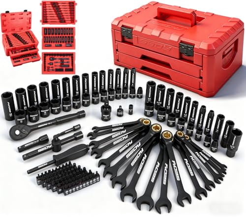 Premium 132-Piece Mechanics Tool Set, SAE/Metric 1/4' & 3/8' Drive Socket Set, Ratcheting Wrenches,...