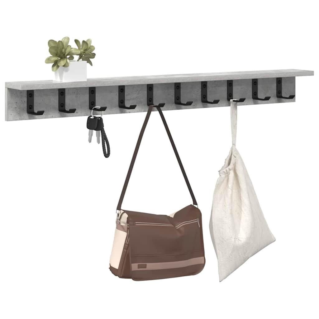 39-Inch Engineered Wood Wall Shelf with Metal Hooks, Concrete Gray | This 39.4 x 4.1 inch wall-mounted coat rack is ideal for hanging coats and keys in entryways, bedrooms, and offices.