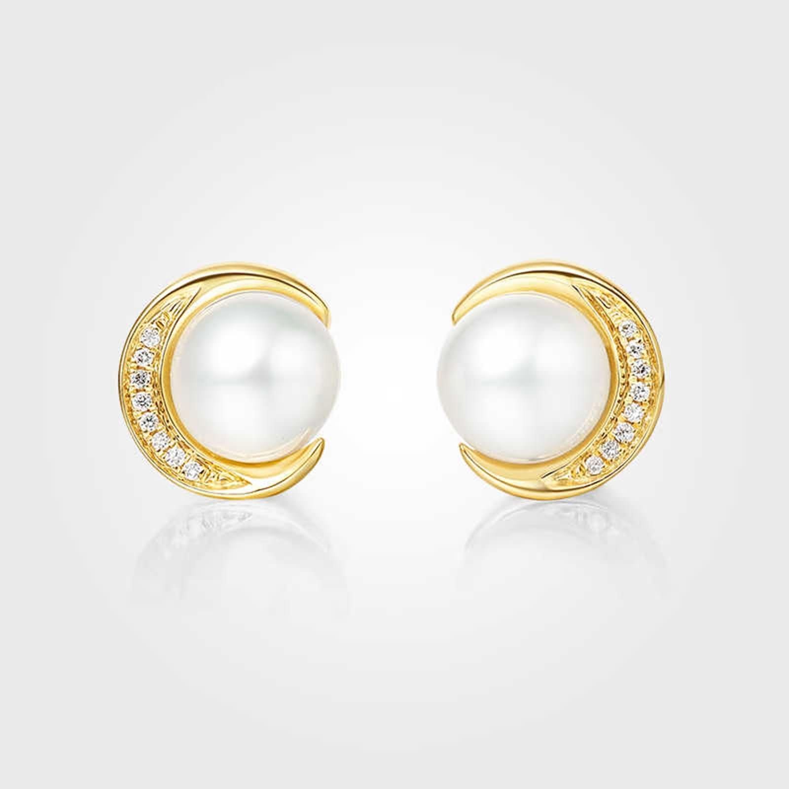 Damen 9K / 14K / 18 Karat Gold Ohrringe, Mond und 5,5-6MM Perle mit Diamant 0,02 Karat, Damen Ohrringe Gold Hochzeit