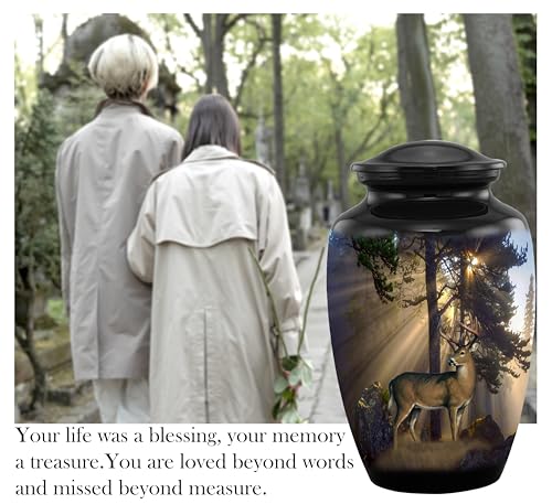 Image of Gone Hunting Deer Cremation Urn with Sunrays - Majestic Buck Memorial Urn for Human Ashes - Handcrafted Full Size Adult Funeral Urn up to 200 lbs with Velvet Bag (Large)