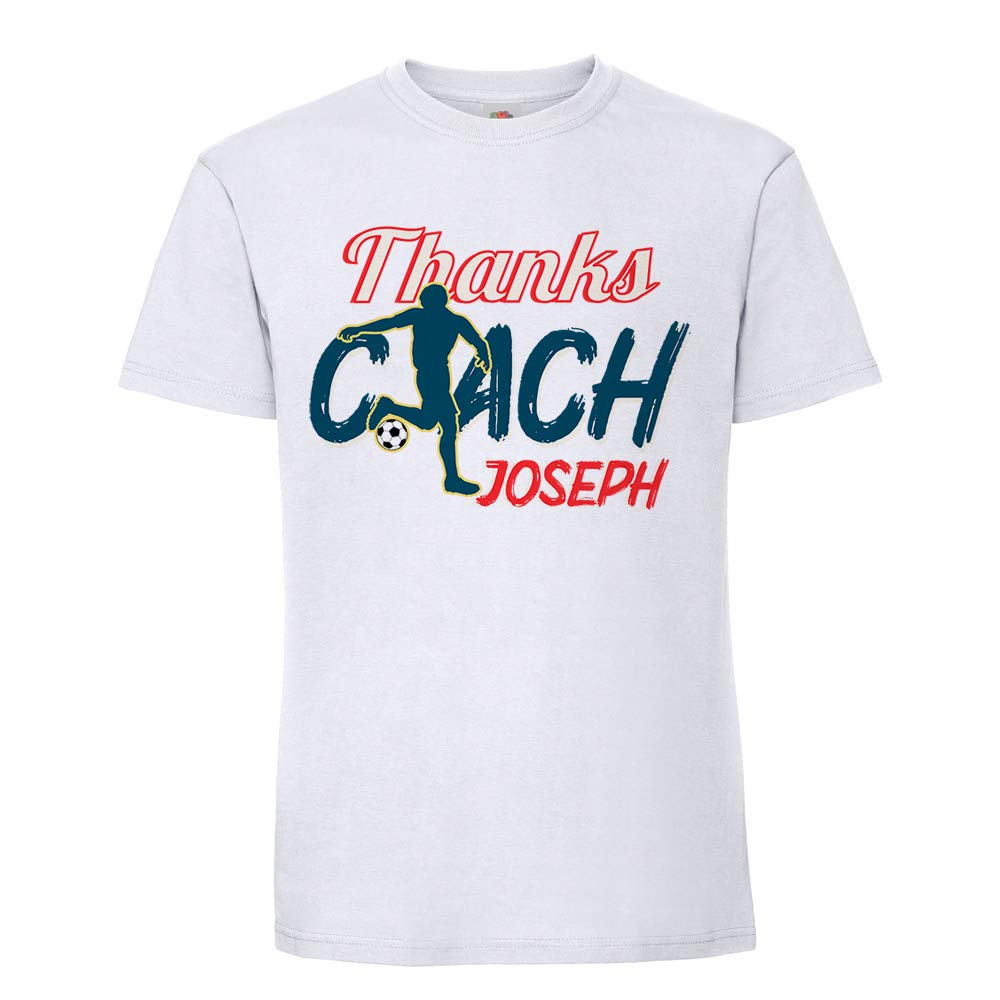 Giftme Men's White Personalised Football Lover Thanks Coach Any Name Outdoor Game Lover Enthusiast Humorous Present Gift Idea Colour Short Sleeve Soft Touch Cotton T-Shirt (L)
