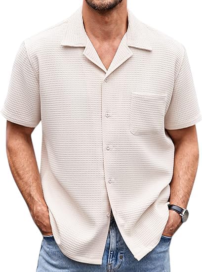 Image of Casual Waffle Knit Shirt for Men Stylish Half Sleeve Mens Shirts M to 3XL