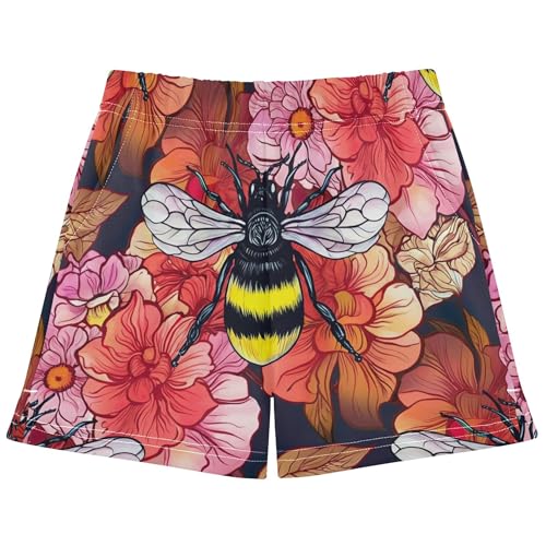 Girls Lounge Shorts Vintage Bee Red Flowers Navy Girls Athletic Pajama Shorts Teen Patterned Summer Clothes, X-Small