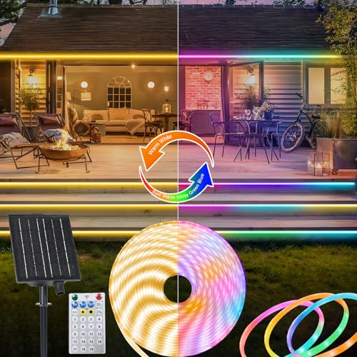 Dual Farbwechselnde 10M 360 LED Solar Streifen für Außenbereich, IP68 wasserdichte Streifenlichter mit Timer-Fernbedienung selbstklebendes Lichtband für Garten Hof dekoration (Warmweiß und Mehrfarbig)