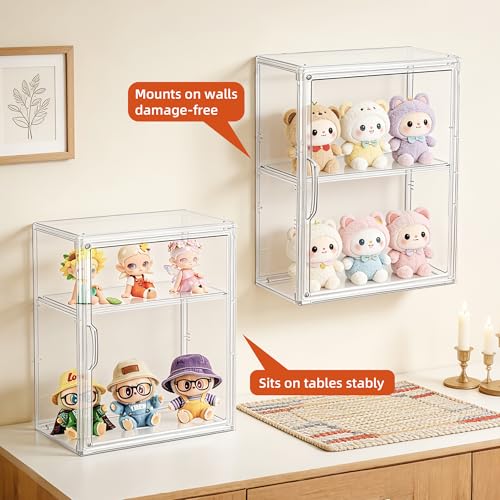 Image of Acrylic Wall Mount Display Case for Collectibles Figures, 2 Tier | Damage-Free Adhesive Strips for Wall Mounting; Adjustable Partition Shelves; Clear Display; Magnetic Closure to Keep Dust Out