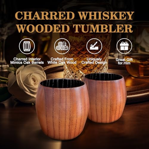Image of Charred Wooden Bourbon Drinking Glass, Bourbon Gifts for Men - 10 oz Wooden Old Fashioned Glasses Set Whiskey Tumbler | Birthday Whiskey Gifts for Men, Dad or Brother Original Bourbon Tumbler (2 Pack)