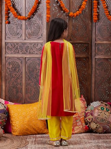 Image of Pspeaches Girls Ethnic Green & Pink Velvet Full Sleeves Solid Kurta and Pant with Dupatta 3 Piece Set