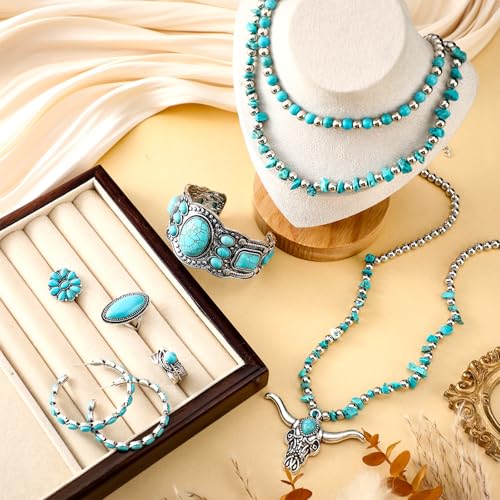 Image of Ecally Bohemian Western Jewelry Turquoise Set Women Country Pendant Long Choker Layered Bracelets Earrings Ring for Women