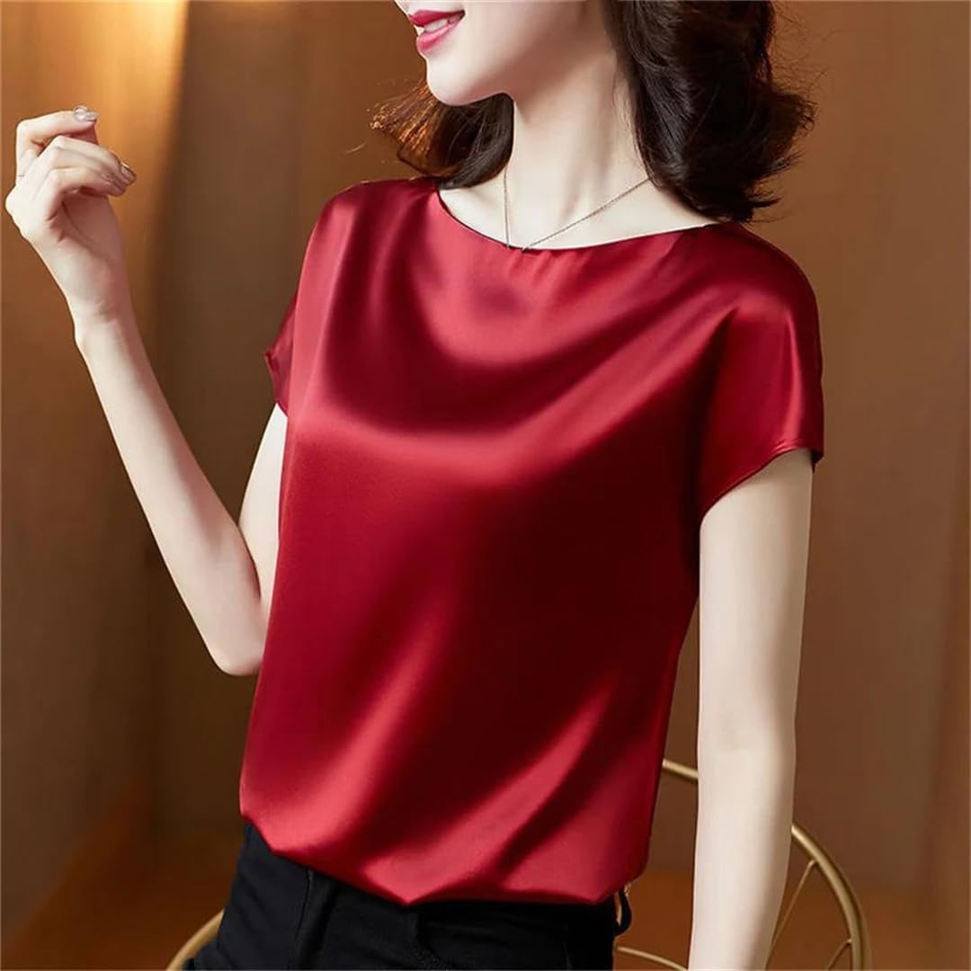 Camicette da donna in tinta unita, casual, ampie, da ufficio, da donna, estive, a maniche corte, con scollo rotondo, in raso