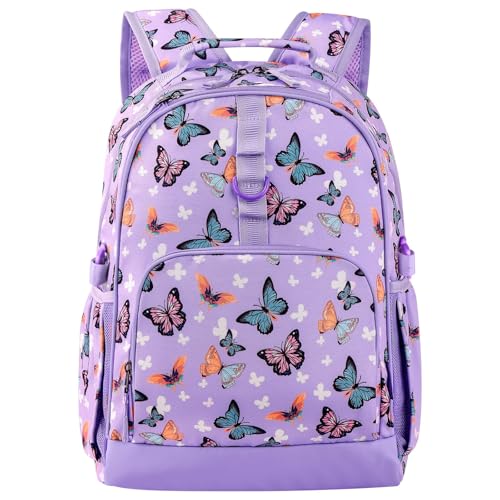 Choco Mocha Rucksack Kinder für Mädchen, Kinderrucksäcke mit Brustgurt, Schulrucksack Mädchen, Schultasche Grundschulrucksack ab 1-7 Klasse, 17inch Schmetterling Lila