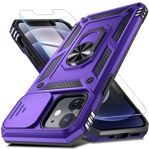 Janmitta Case for iPhone 12 & 12 Pro Phone Cover Built in Slide Camera Lens Cover+Screen Protector Heavy Duty Shockproof Full Body PhoneCase with Finger Ring Holder Kickstand Purple