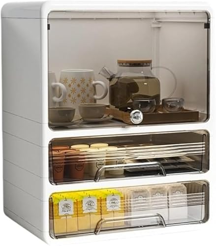 AZIEBAY ミニ食器棚 透明扉付き防?防湿 1-3 層多段選択 カップ・カトラリー・化粧品・小物収納 仕切り付き大容量 キッチン家庭用シンプルデザイン
