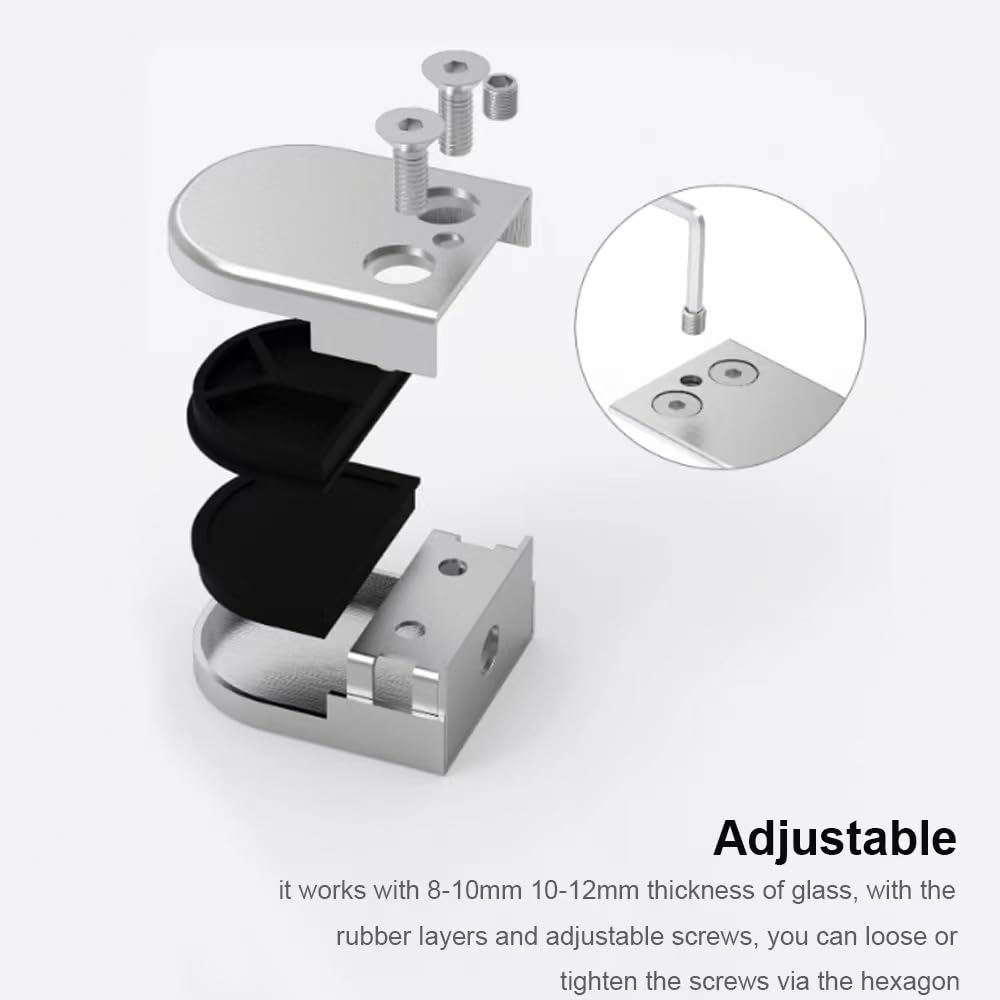 Edelstahl 304 Glas-Clips, verstellbare Halterungen für 8–10 mm flache Rückseite, Treppengeländer, Fensterstütze (Silber, 15–20 mm)
