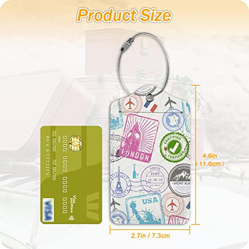 Image of Set of 2 Luggage Tag for Suitcases Leather Stamp Baggage Tags with Stainless Steel Loop Privacy Name ID Card Cover Travel Bag Labels Set for Women Men Kids Girls