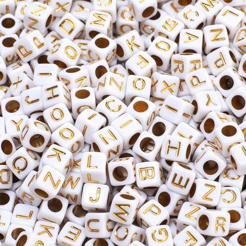 Acrylic Letter Beads Alphabet Gold Letters White Cube Bead 66mm 900pcs Friendship Bracelets Letters Beads Jewelry Making Bulk
