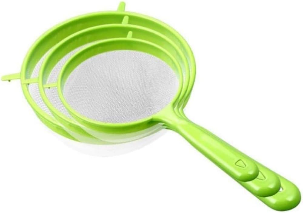3Pcs Green Plastic Strainer, Flour Sifter Set with Long Handle, Fine Mesh Colander for Flour, Coffee, Tea