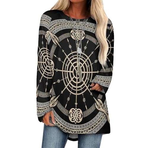 Womens Long Sleeve Tops Tee Bodysuit Crewneck Black Celtic Viking Magical Runic Compass Vegvisir Circle of Norse Runes Art Tee Shirts Tops 2026