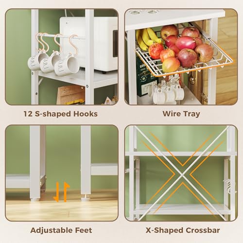 Image of SUPERJARE Large Bakers Rack with Power Outlets, 6-Tier Microwave Stand, Coffee Bar with 12 S-Shaped Hooks, Kitchen Shelf with Wire Basket, 39.4 x 14.6X 66.9 Inches, White