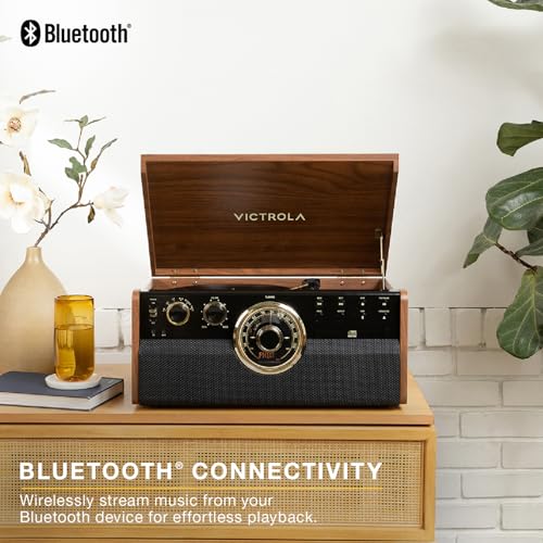 Image of Victrola Empire - Wood 6-in-1 Bluetooth Record Player - Walnut | Mid-century wood music center plays vinyl, CD, cassette, FM radio and aux, built-in stereo speakers, RCA out, headphone jack