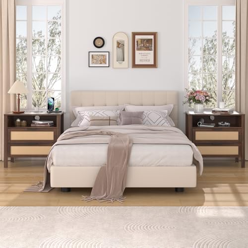 HOMMPA Rattan Night Stand with Charger Station Set of 2, 26'' Wide Boho Nightstand with 2 Drawer, Modern Bedside Table with Plug, Bed Side End Table Dresser with Open Shelf for Bedroom, Walnut - image 9
