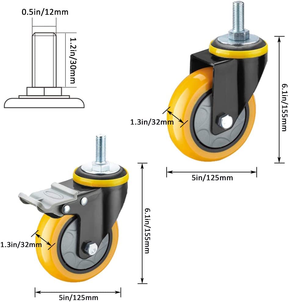 Möbelrollen, 4X Swivel Industrial Caster Wheels,Yellow Polyurethane Trolley Furniture Casto(Yellow,5in)