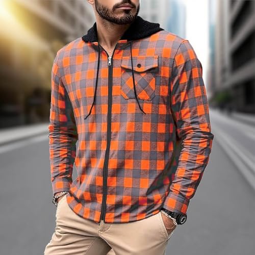 Mens Flannel Hoodie Shirt Casual Zipper Plaid Shirt Jackets Stylish Long Sleeve Shirts with Pocket with Pockets2