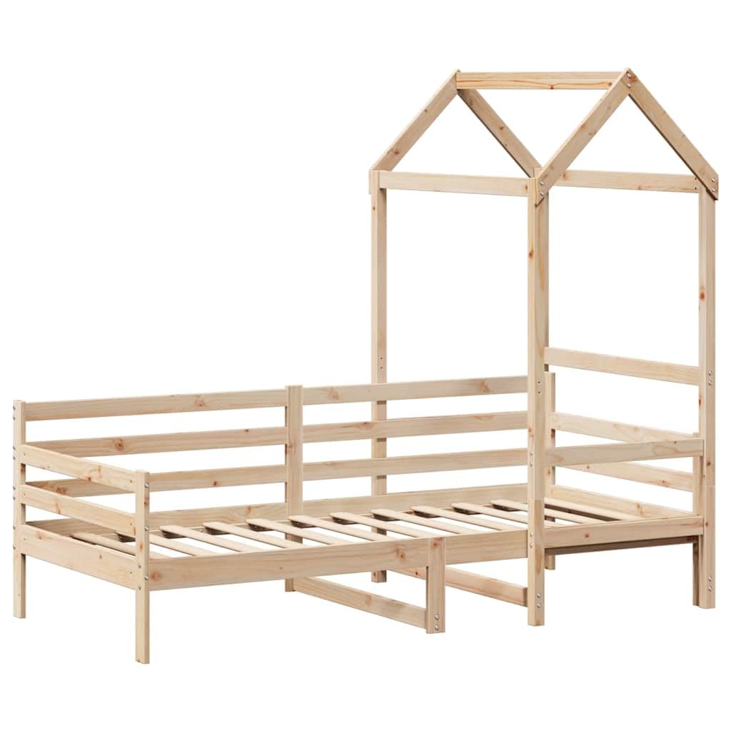 Cama de día con techo de madera maciza de pino, 80 x 200 cm, marco de cama con somier y espacio de almacenamiento, sofá cama para habitación infantil, diseño abierto, robusto juego de madera