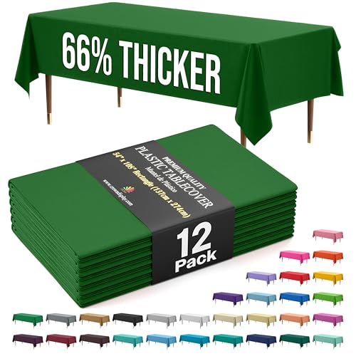 Party Solids 66% Thicker Premium Plastic Table Cloth Rectangle Table Cover 0.5 Mil 12 Pack Emerald Green Table Cloth 54 Inch x 108 Inch Disposable Tablecloth Won't Tear Easily Like Cheap Thin Brands