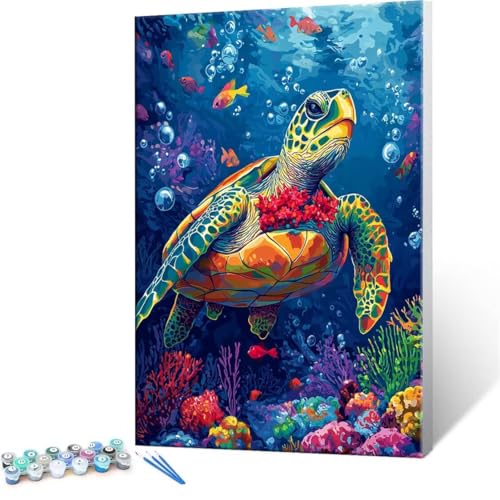 数字油絵 数字塗り絵 デジタル油絵 海 ウミガメ 数字キットでペイントブラシとアクリル絵の具が入, 大人の子供のためのギフト Paint by Numbers 手塗り DIY 数字によるアクリル 水彩絵画インテリア リビング装飾 35x50cm (フレーム