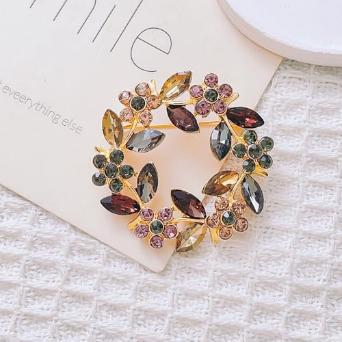 Image of Flower Wreath Brooches for Women Round Floral Rhinestone Lapel Pins Broach Blazer Dress Denim Jacket Clothes Badge Bridal Wedding Birthday Party Jewelry Gifts