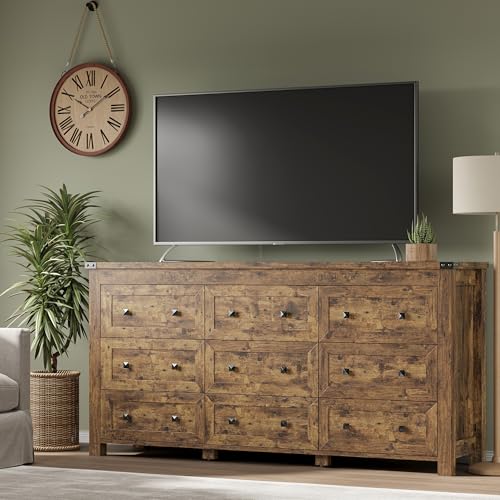 Image of BORNOON 9-Drawer Dresser, Modern Wooden Storage Chest of Drawers, Dresser TV Stand, Wood Drawer Organizer with Metal Handles for Bedroom, Living Room, Hallway